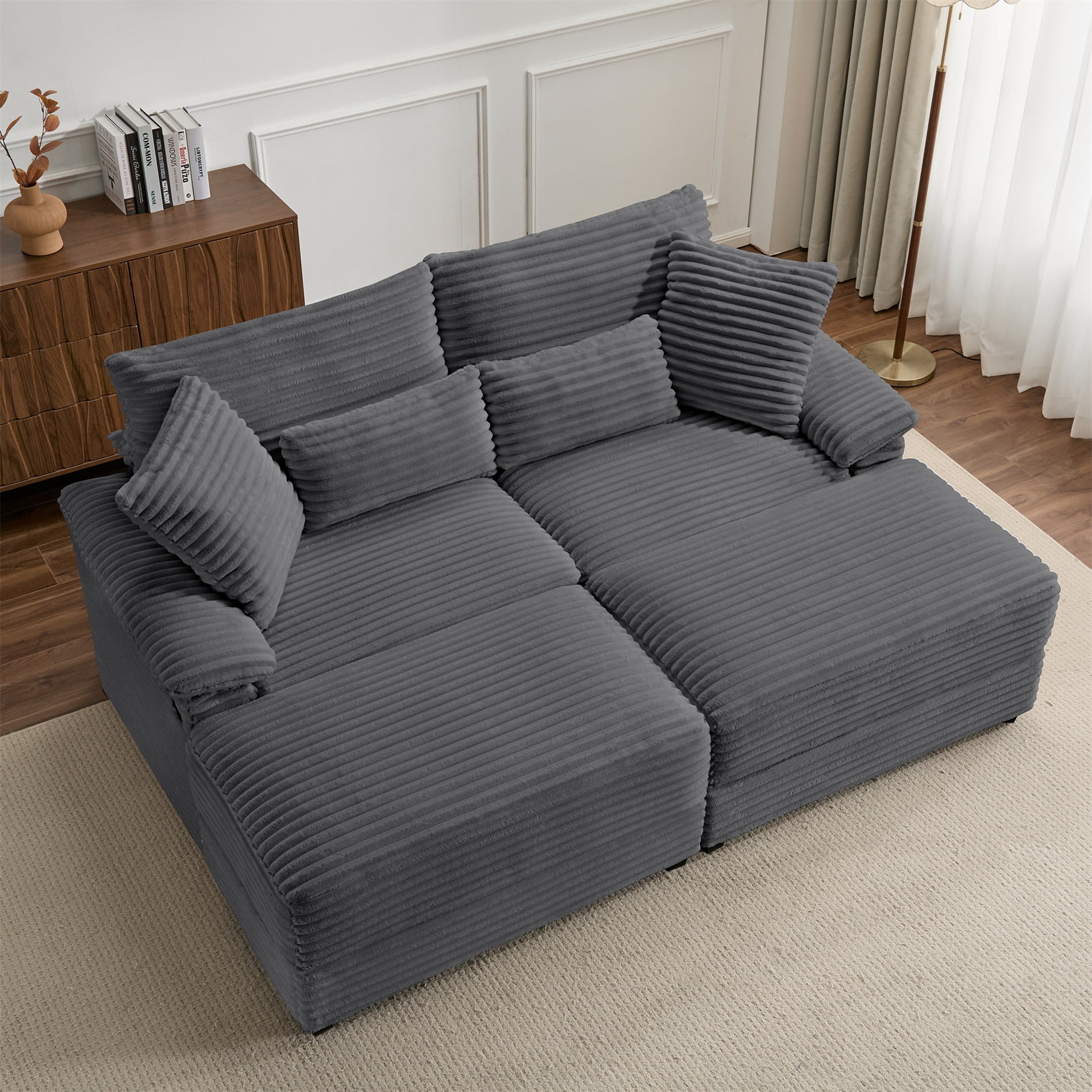 Alvantor 74" Sofa Loveseat with Reversible Ottoman & USB Port Corduroy Chaise Couch for Living Room Drak Gray