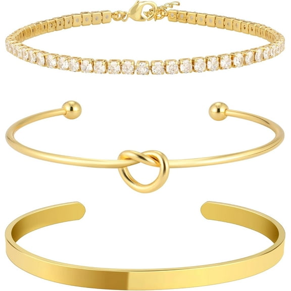 Gold Bangle Cuff Knot Bracelet For Women Stack Non Tarnish 14K Gold Plated Dainty Cubic Zirconia Tennis Bracelets Jewelry Set For Women Trendy[z2400]