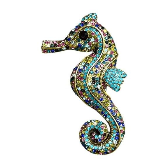 Crystal Seahorse Brooch, Teal, Blue, Green, Pink Rhinestone Pin