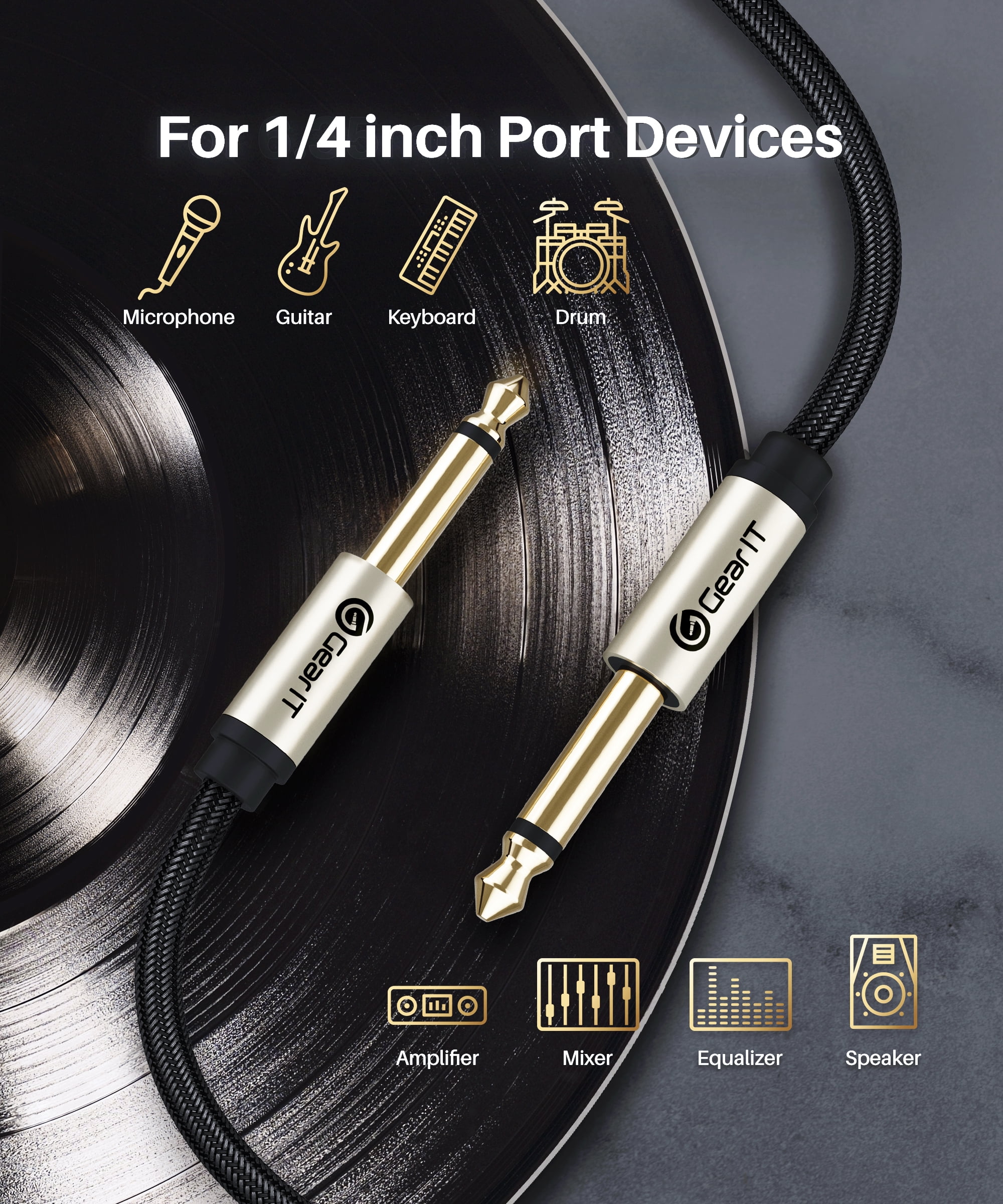 GEARit Guitar Instrument Cable, 1/4 Inch to 1/4 inch TS Straight Male to Male 6.35mm Mono Jack with Alloy Connector and Nylon Braid, 15 ft, 2 Pack