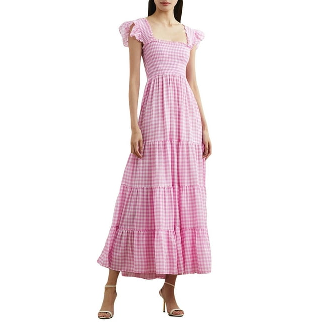ZAXARRA Femme à Carreaux Longue Robe Cap Manche Cou Carré Dos Nu Flowy A-Line Robe pour la Plage d'Été