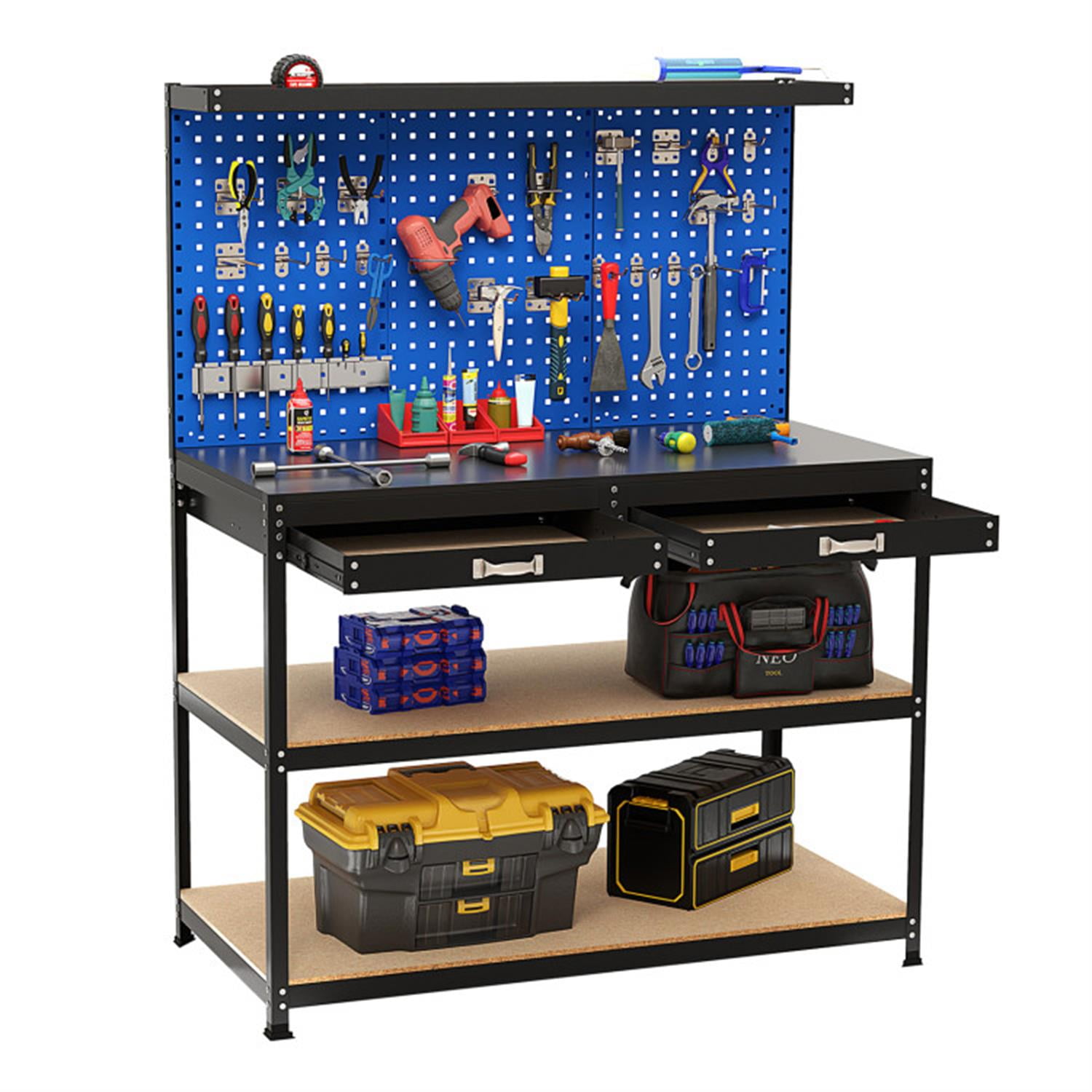 Demi Bonn 48" x 24" Workbench Work Table with 2 PCs Pegboard Drawer and Shelves, 4-Tier Heavy Duty Metal Tool Storage Bench for Garage, Workshop, Blue