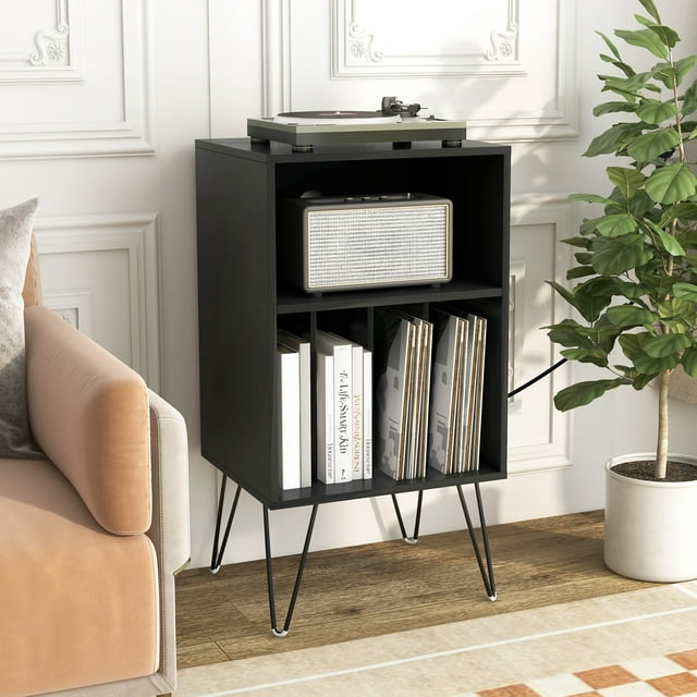 Giantex Meuble pour Tourne-Disque, Armoire de Rangement pour Disques Vinyles pour Salon, Chambre, Noir