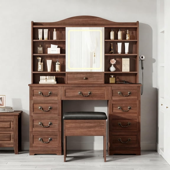 TROPOW Vanity Desk with Mirror and Lights, Dressing Table with Chair, 10 Drawers and 10 Storage Shelves, Vanity Desk with Power Outlet for Bedroom, Walnut