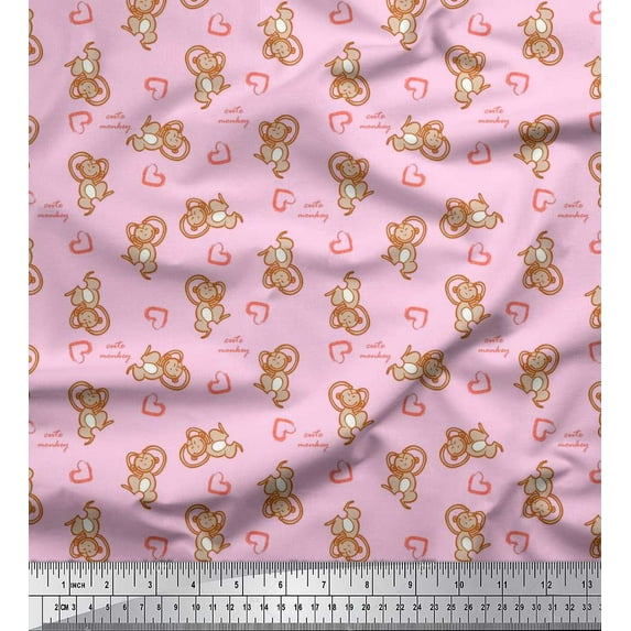 Soimoi Pink Modal Satin Fabric Heart & Cute Monkey Kids Print Sewing Fabric Yard 42 Inch Wide