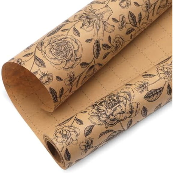 Wedding Kraft Wrapping Paper Floral Vintage Style Paper Perfect for Bridal Shower Women Girls Anniversary Birthday with Black Pattern- 17Inch x 394Inch(33Feet)