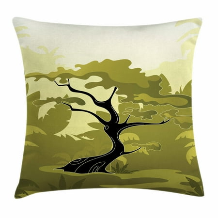 Olive Throw Olive Green Throw Pillow Cushion Cover, Japanese Tree in Jungle Abstract Nature in Summer Season, Decorative Square Accent Pillow Case, 16 X 16 Inches, Olive Green Black Pale Yellow, by Ambesonne ()