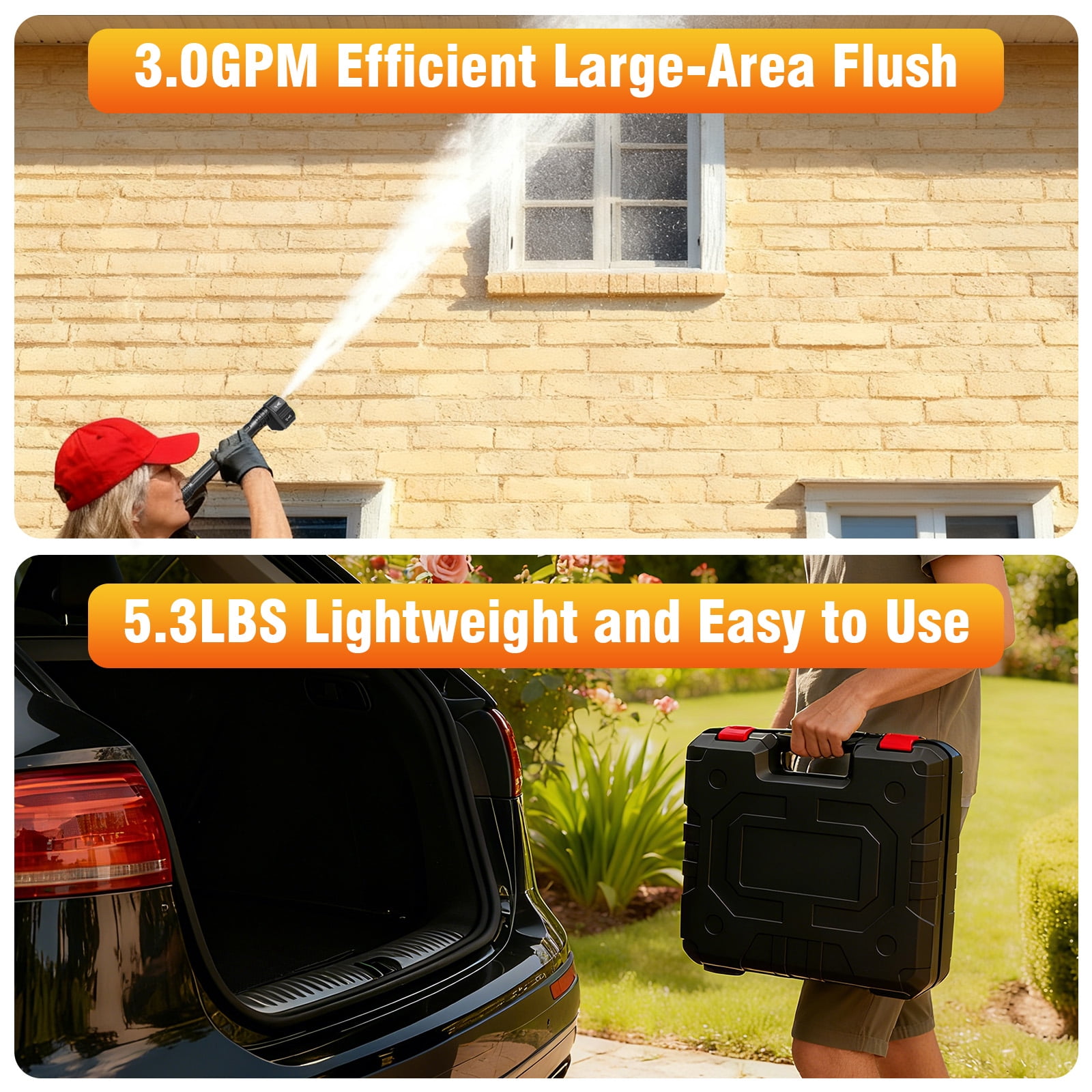 900PSI Cordless Pressure Washer, 3.0GPM Portable Power Washer with 6-in-1 Adjustable Nozzle, Power Cleaner with 16.4ft Hose for Cars/Patios, 2 Battery, Charger Included