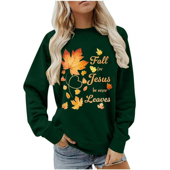 Uootdi Thanksgiving Long Sleeve Sweatshirts for Women Fall For Jesus He Never Leaves Sweatshirts Gift Women Cute Fall Autumn Ch ristian