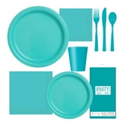 Teal Tableware Kit - Teal Party Supplies - Plates, Napkins, Table Cover, Silverware, and Cups