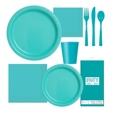 Teal Tableware Kit - Teal Party Supplies - Plates, Napkins, Table Cover, Silverware, and Cups