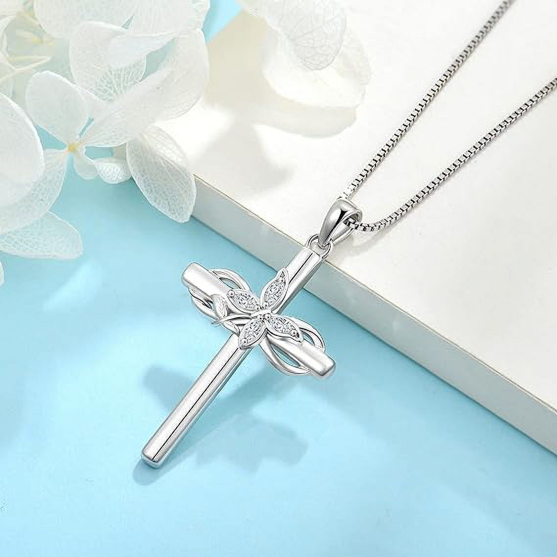 Inpasne Cross Necklace for Women 925 Sterling Silver Infinity Butterfly Necklace Birthstone Jewelry Gifts for Women Her Mom Wife Girlfriend Daughter