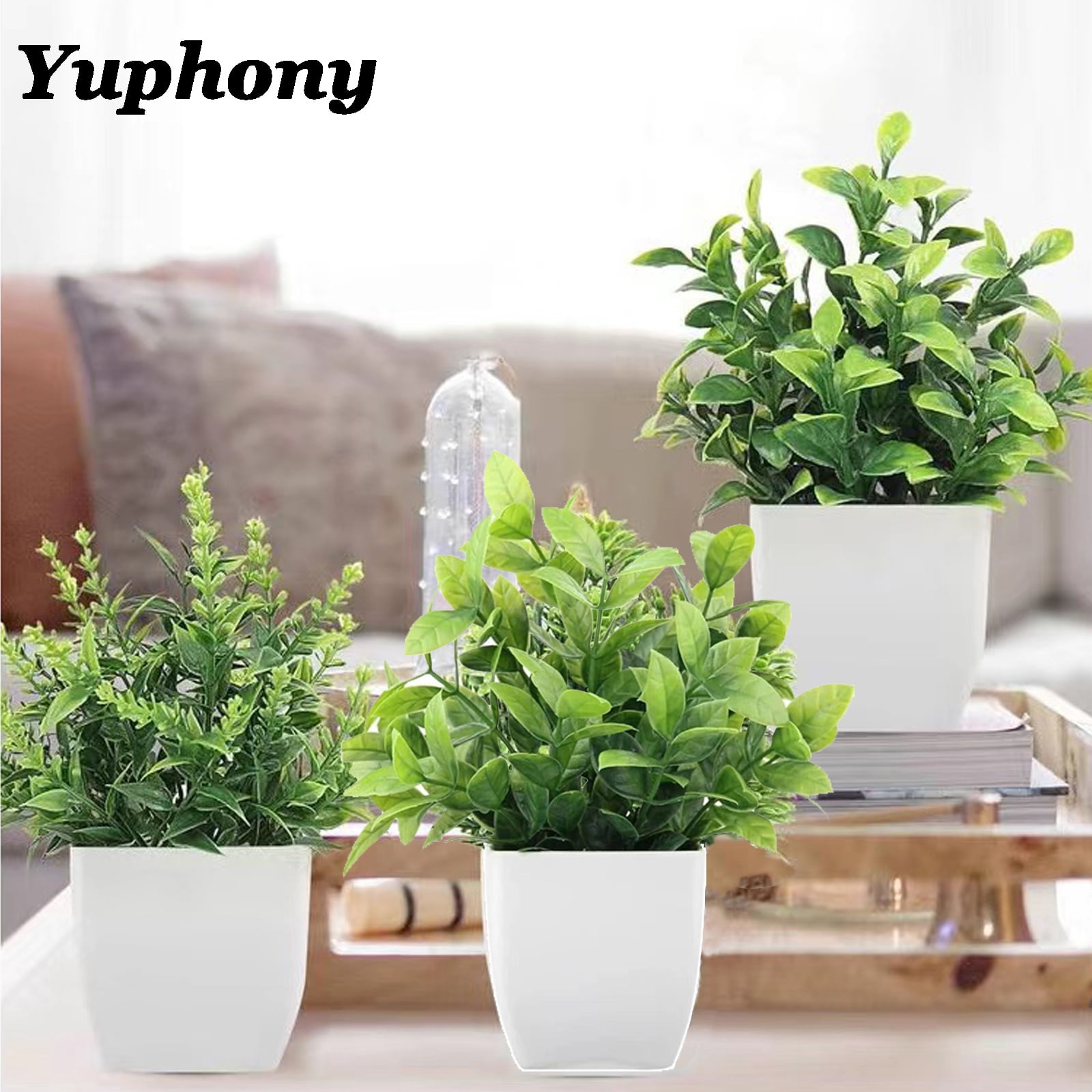 Yuphony 4Packs Fake Plant Mini Artificial Green Plant Simulation lavender Eucalyptus Potted Plant in White Pot for Office Bedroom Bathroom Living Home Room Decoration