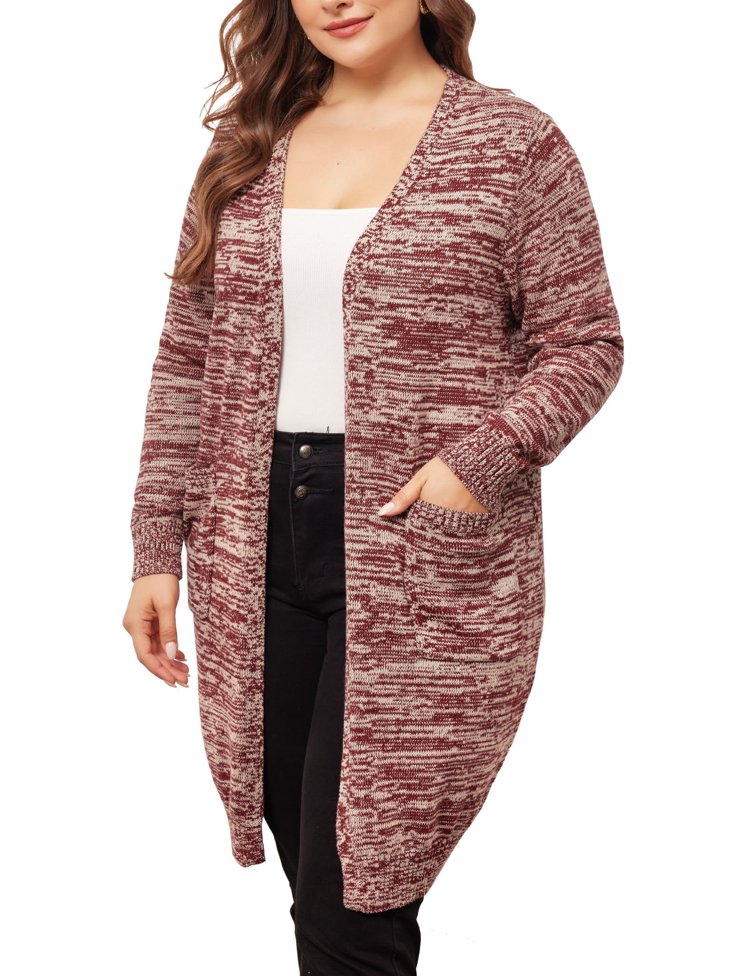 DARING DIVA Plus Size Contrast Color Open Front Long Sleeve Cardigan 1X Burgundy