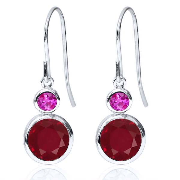 2.36 Ct Round Red Ruby Pink Sapphire 925 Sterling Silver Earrings by