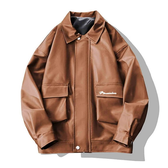 Donemore Men's Windproof Thermal Biker Jacket with Embroidery & Multiple Pockets Solid Color Stand Collar Zipper & Button Closure Faux Leather Coat