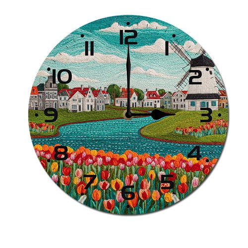 ZXCXRQFa Windmills Tulip Flowers Wall Clock Battery Operated Non Ticking Silent Analog Rustic Farmhouse Round Clock Wood Decor for Home Kitchen Living Room Bathroom