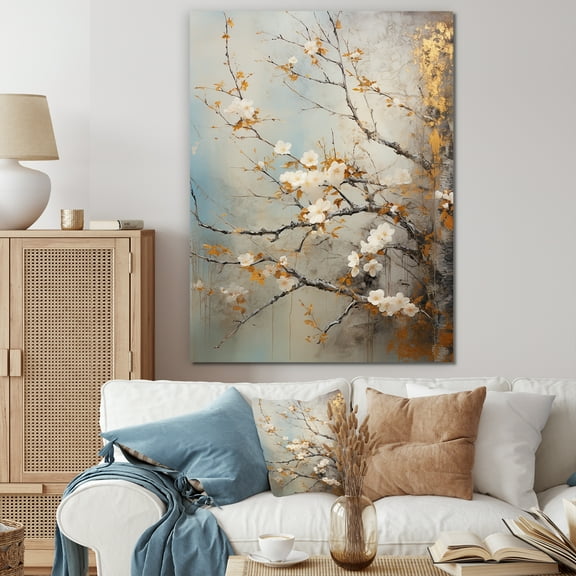 Designart "Tranquil Floral Tree with Grey and White Birds I" Animals Canvas Wall Art - Traditional Gold Bird Bedroom Canvas Wall Art