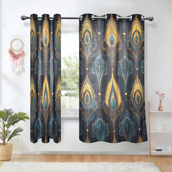 Yayeee Window Curtains Light Filtering 63"x42" Grommet Panel Pair Home Living Room Decor, Navy Blue Art Pattern