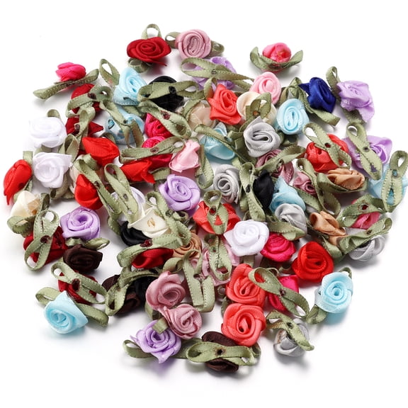 XmhyTop-A 100 Pcs Mini Satin Roses Artificial Ribbon Roses for Wedding Decor, DIY Crafts, Scrapbooking Gift Toppers Small Satin Bows, Decorative Red Roses Floral Craft Supplies,Multicolored