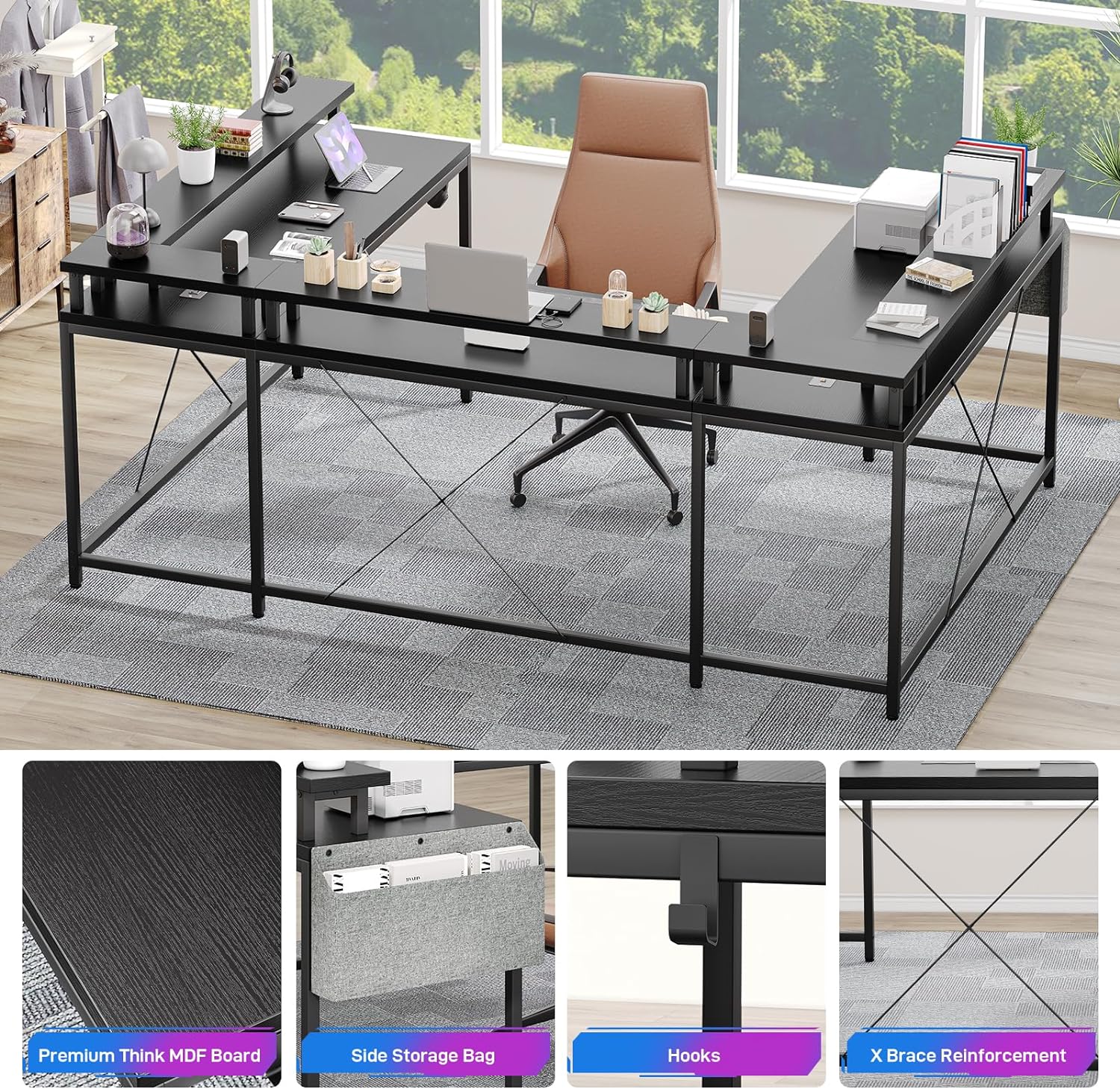 U Shaped Home Office Desk, Reversible L Shaped Gaming Computer Desk with Power Outlets,126 Inch Computer Desk with Monitor Stand and LED Lights,Storage Shelves,Storage Bag and Hooks（Black）