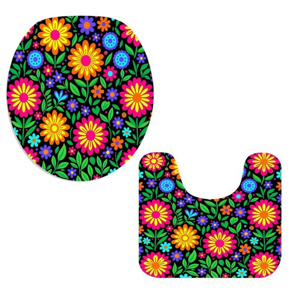 2-piece Set Bathroom Accessories" ,Bright Retro Floral Daisy Seamless Pattern Bold Folk Flower Black Background Absorbent Toilet Rug Cover