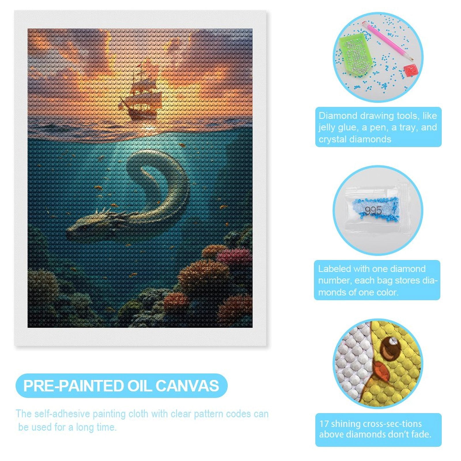Diamond Art Kits for Adults, Sailing Ship Ocean Serpent Sunset 5D Diamond Painting Kits for Adults Beginners, DIY Full Drill Diamond Painting, Gem Art and Crafts 12x16