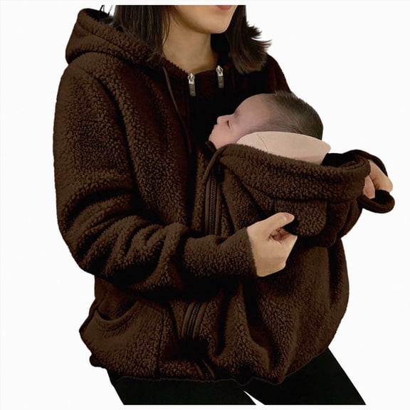 Cdudpw Maternity Coat Winter Cozy Carrier Mom Coats Sherpa Jacket 3-In-1 Sherpa Fleece Jacket,Zipper Maternity and Kangaroo Carrier Coat Clothes(S356-Coffee)