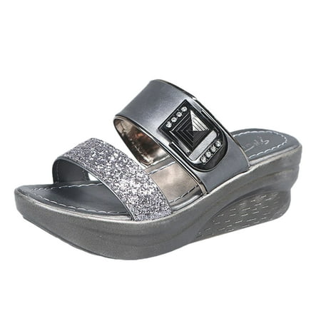 VerPetridure Womens Sandals Casual Summer Womens Ladies Fashion Buckle Deco Crystal Wedge Slip On Beach Slippers Shoes