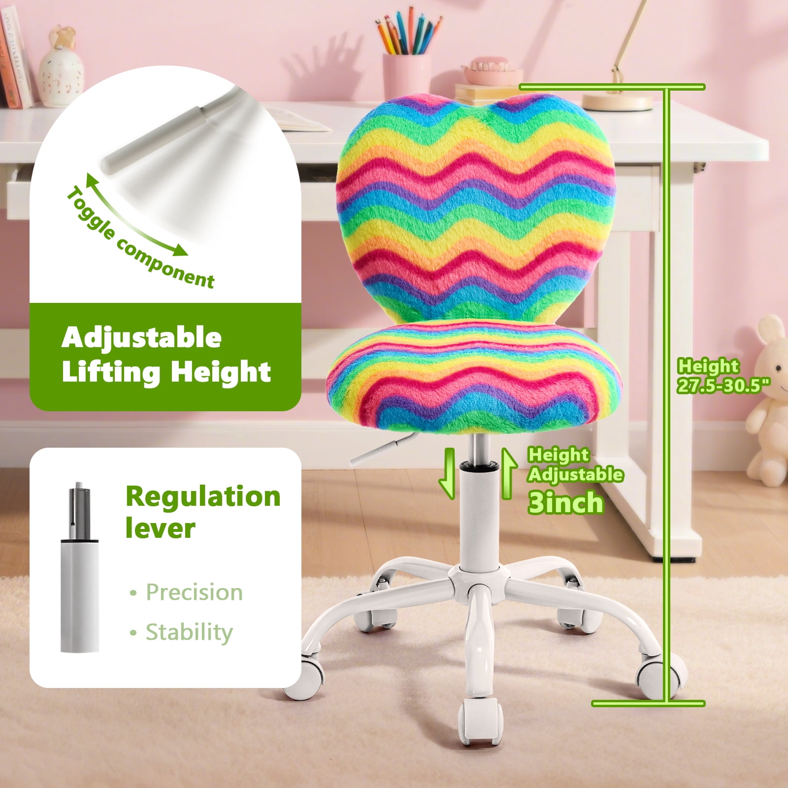 Heart Kids Desk Chair，Girls Desk Chairs,Comfy Swivel Computer Chair for Girls Room, Fluffy Kids Office Chair for Reading & Vanity，Rainbow