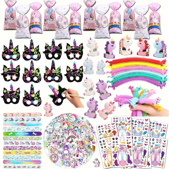Unicorn Party Favor Set For Kids Birthday Party, Goodie Bag Fillers And Decorations, Assorted Small Toys And Treat Bags, Pink Color