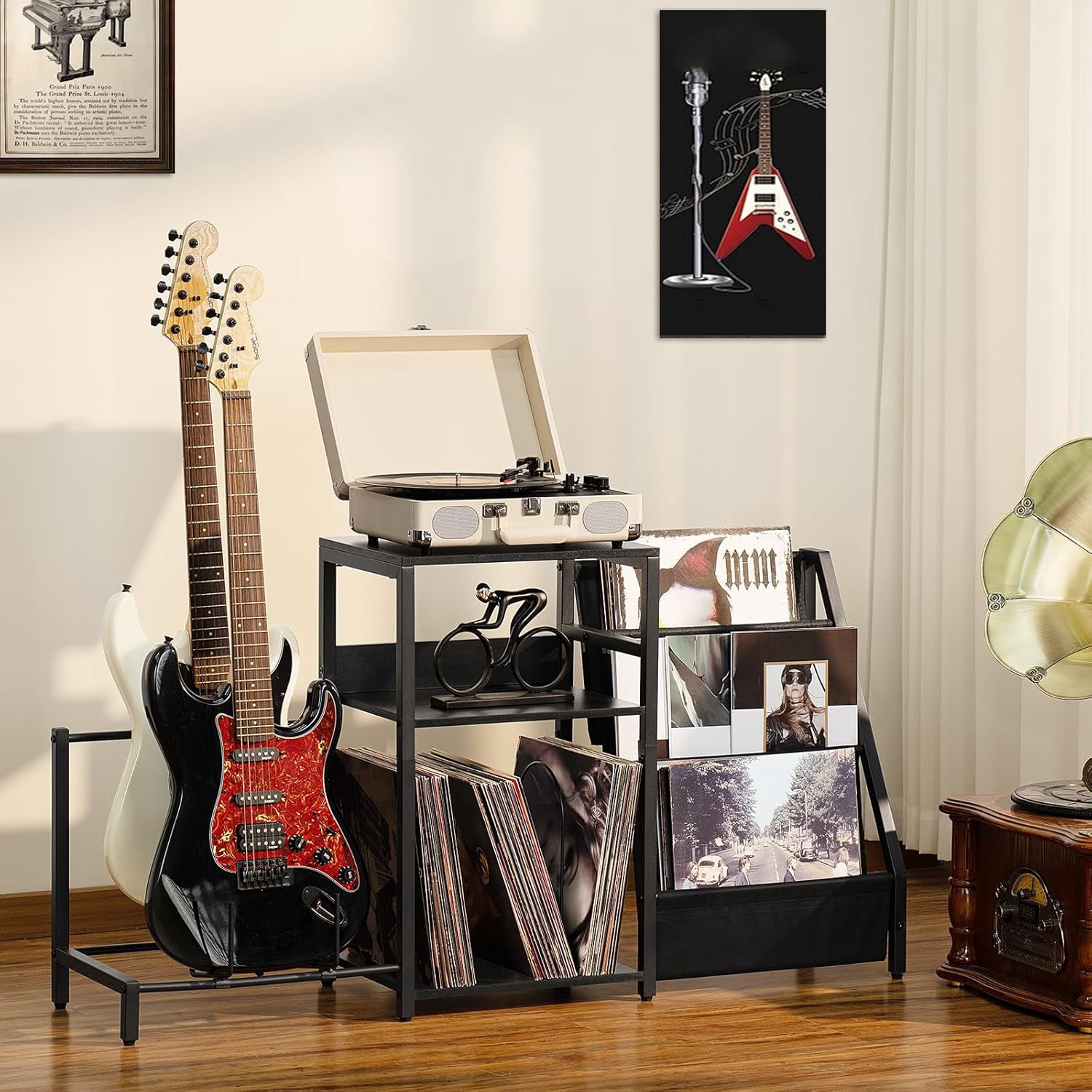 AENKYO Record Player Stand, Black Adjustable Guitar Stand for Acoustic Guitar, Electric Guitar, Bass, Turntable Stand with Vinyl Display Shelf Storage Up to 150 Albums, End Table for Music Room