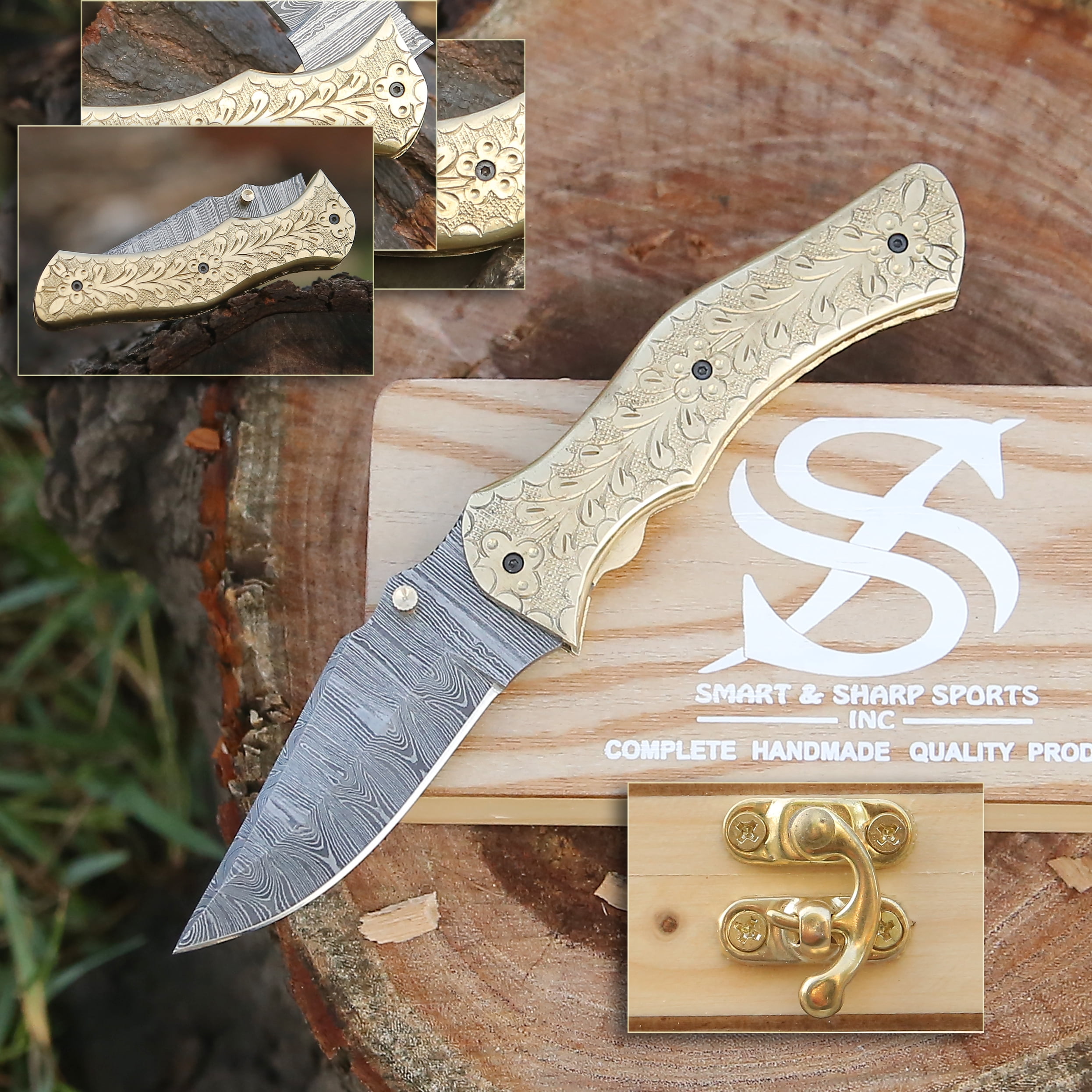 Smart & Sharp Custom Handmade Damascus Steel Fish Knife/Folding Knife/Pocket Knife SS-17513(Brass Engraved Handle)