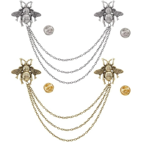 1 Box 2 Pcs Vintage Double Bee Brooch Lapel Pin Mixed Color Alloy Brooch Pin Hanging Chain Detailing Brooch Tassel Blouse Shirt Collar Tip Pin for Women and Men