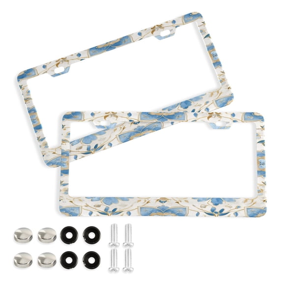 Aluminum License Plate Frame 2 Pack Car Exterior Accessory Car Tag Holder for Front Rear Plates Cars Decor Elegant and Timeless Blue Flower