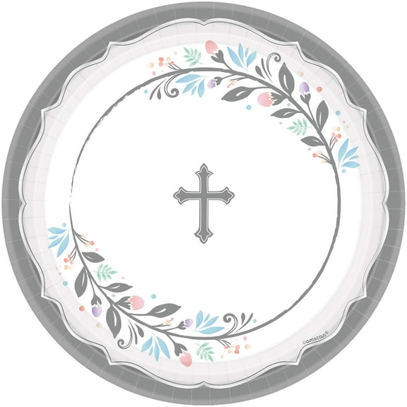Holy Day, White and Gray Round Party Plates 10.5", 18 Ct.