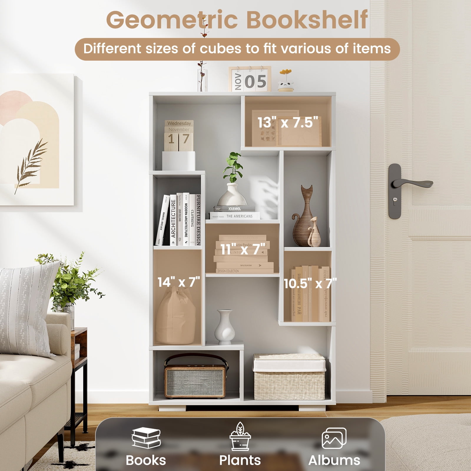 Giantex Geometric Bookshelf, 47 Inch Tall Bookcase w/Multiple Open Shelves, Freestanding 9 Cubes Bookshelf Storage Display, White