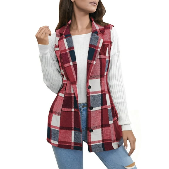 QQAMB Plaid Vest for Women Lapel Button Down Sleeveless Shacket Fall Winter Warm Long Jacket Outerwear Outwear Coat Wine XL