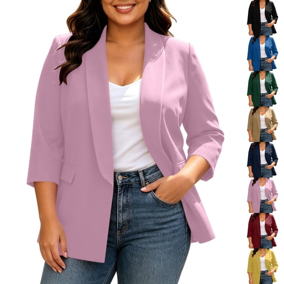 Perfectbot Women's Plus Size Open Front Blazer, 3/4 Sleeve Office Business Jacket with Shoulder Pads, L-5X