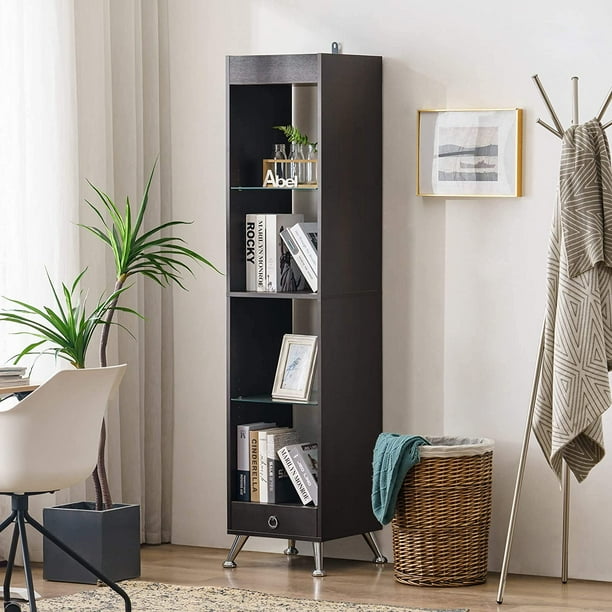 Ivinta Tall Narrow Bookshelf for Small Spaces with Adjustable Glass