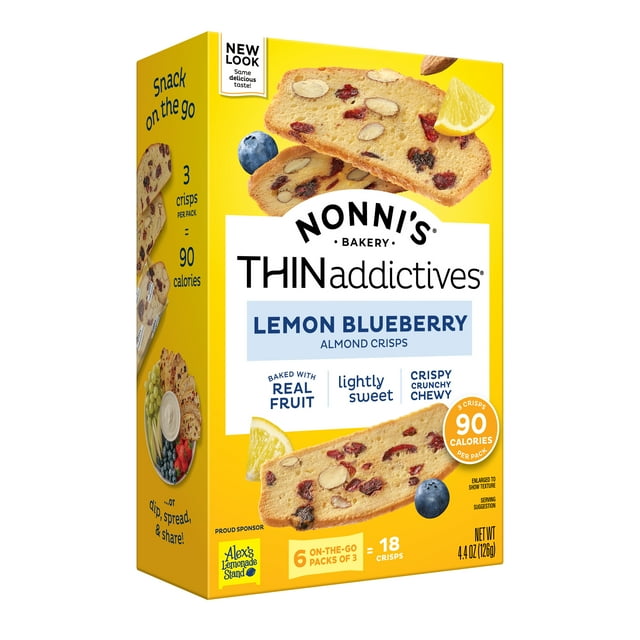Nonni's Bakery THINaddictives Limón, Arándano, Galletas Crujientes de Almendras, 6 Packs de 3, 18 Unidades
