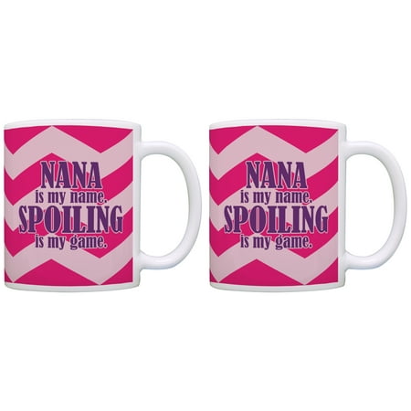 

ThisWear New Grandma Gifts Nana is my Name Spoiling is my Game 11 ounce 2 Pack Coffee Mugs Pink Chevron