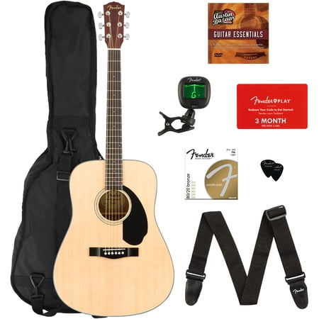 Fender CD-60S Dreadnought Acoustic Guitar - Natural Bundle with Gig Bag, Tuner, Strap, Strings, Picks, Fender Play Online Lessons, and Austin Bazaar Instructional DVD