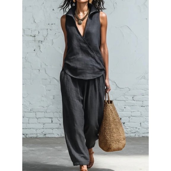 Spring/Summer Women's Simple Collared Shirt and Wide-Leg Pants Two-Piece Set