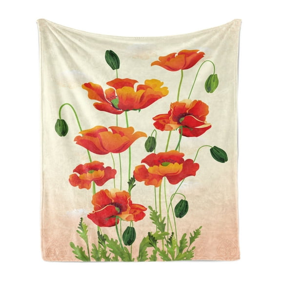 Poppy Flower Soft Flannel Fleece Blanket, Bouquet with Coming of the Spring Theme Nature Growth Arrangement, Cozy Plush for Indoor and Outdoor Use, 60" x 80", Cream Vermilion Green, by Ambesonne