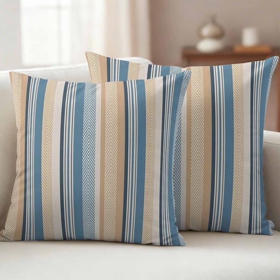 Pack of 2 Outdoor Pillow Covers,Waterproof Blue Brown Beige Throw Pillow Covers,Boho Farmhouse Abstract Stripes Art Decorative Pillowcases Cushion Covers for Couch Pillow Sham Protector 20x20 Inch