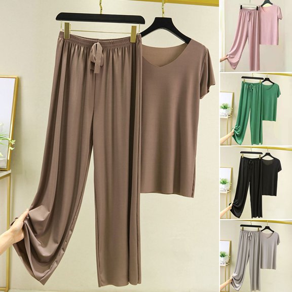 sunsanly 2 Pcs/Set Women T-shirt Pants Set Pleated Wide Leg V Neck Short Sleeves Loose Homewear Pullover Thin Plus Size Summer Top Trousers Set Women Clothing