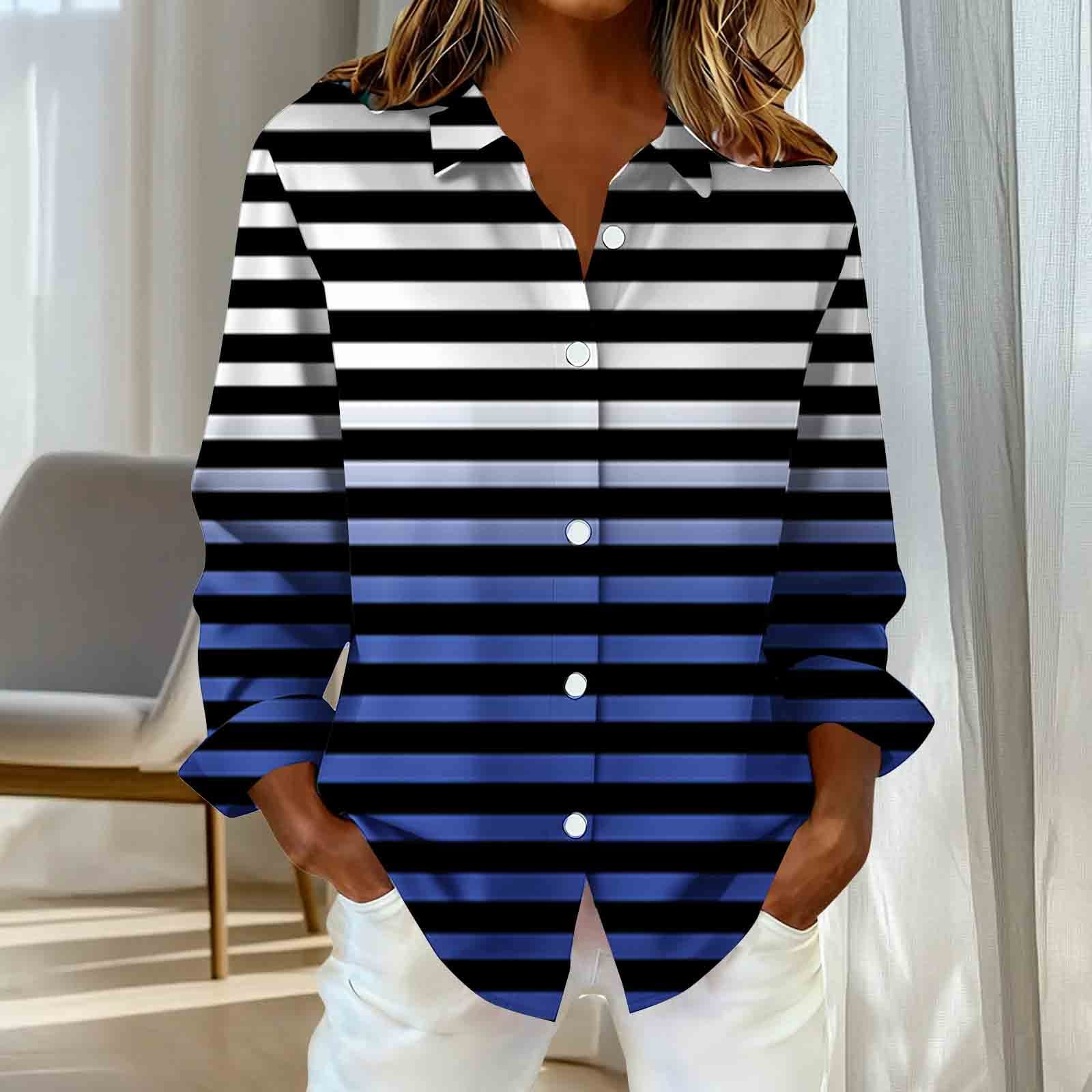 ylioge Shirts for Women Plus Size S-5X Long Sleeve Button-Down Collared Blouses Womens Trendy Stripe Printed Breathable Hawaiian Beach Tops