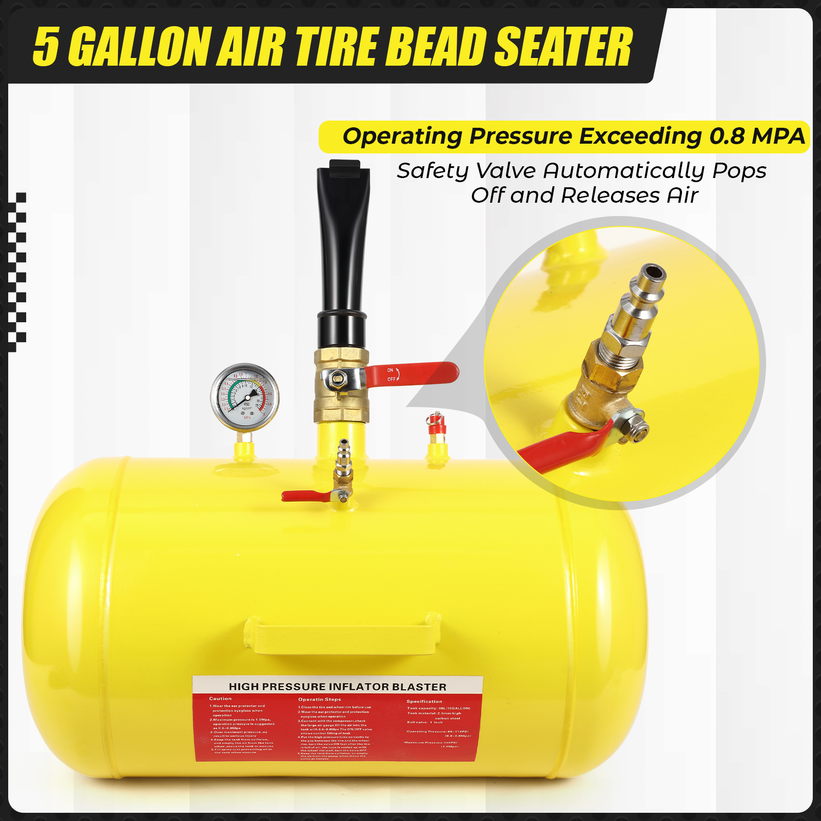 Mescukay 5 Gallon Air Tire Bead Seater, Tire Bead Blaster Seating Inflator Tank with Pressure Gauge & Sturdy Handle, 145 PSI Heavy Duty Wheel Blaster Tool for Car Truck ATV, Yellow