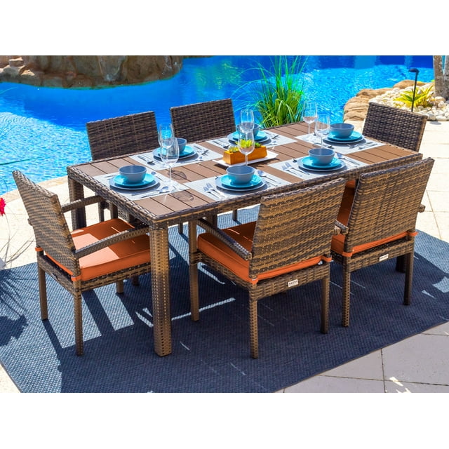 Sorrento 7-Piece Resin Wicker Outdoor Rectangular Dining Table Set in Brown w/ Dining Table and Six Cushioned Chairs (Flat-Weave Brown Wicker, Sunbrella Canvas Tuscan)